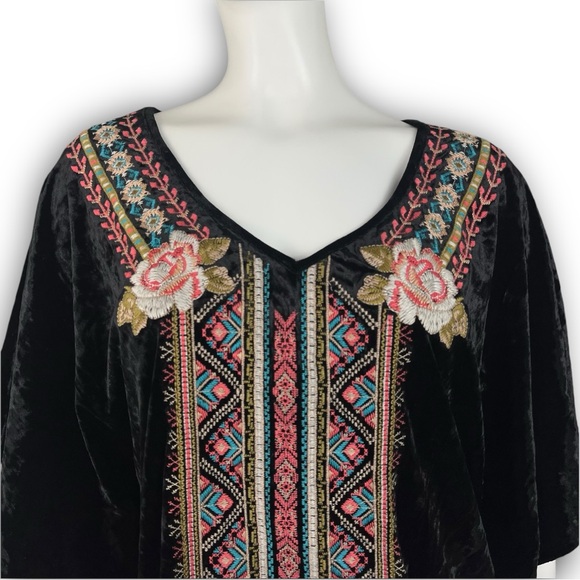 ANDREE BY UNIT Crushed Velvet Floral Embroidery Caftan Top Boho Stevie Nicks - Picture 5 of 12